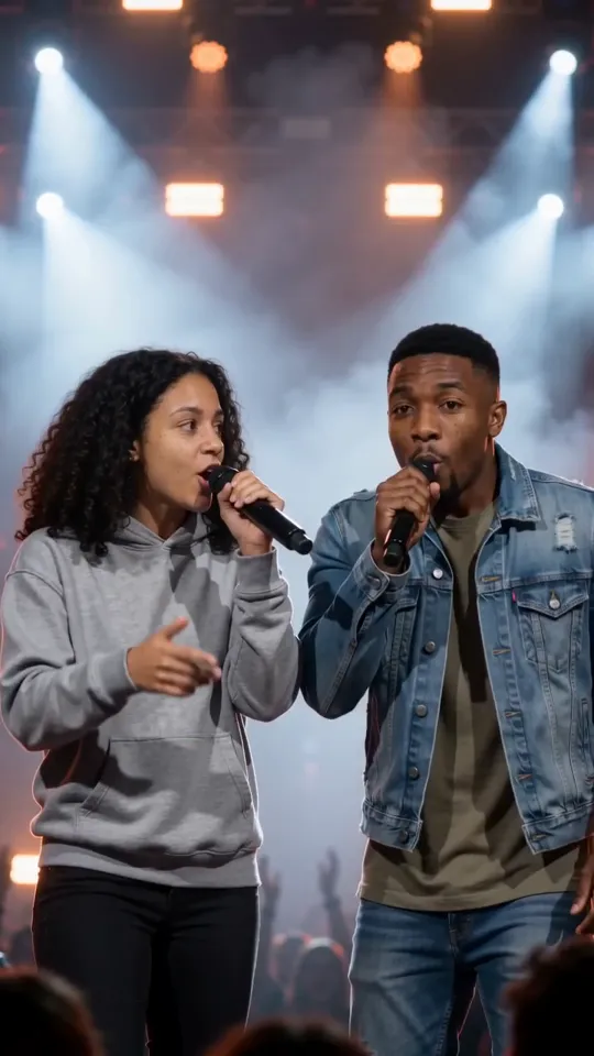 A young woman and a young man rapping with handheld microphones on a concert stage under spotlights