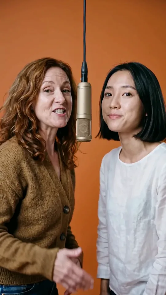 A middle-aged woman and a younger woman rapping under a hanging microphone in front of an orange backdrop