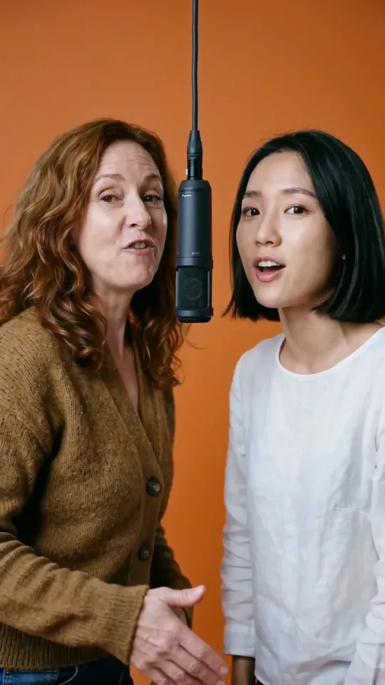 A middle-aged woman and a younger woman rapping under a hanging microphone in front of an orange backdrop