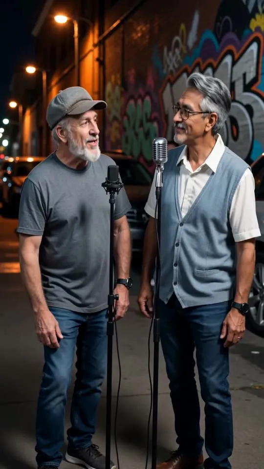 Two older men rapping at a microphone stand on a graffiti street corner at night