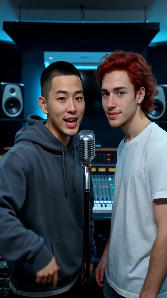 Two young men rapping at a microphone in a recording studio with blue lights