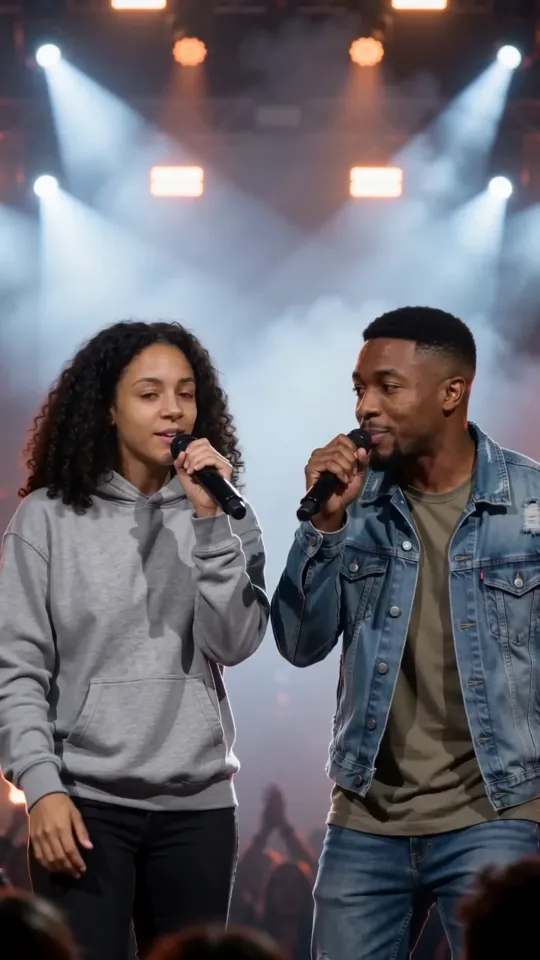 A young woman and a young man rapping with handheld microphones on a concert stage under spotlights