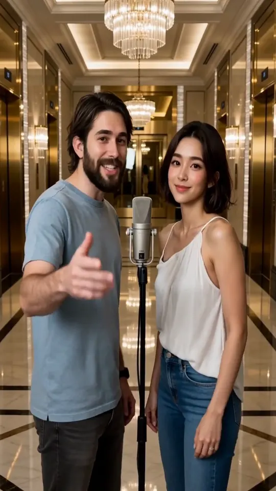 A couple rapping together in a marble lobby