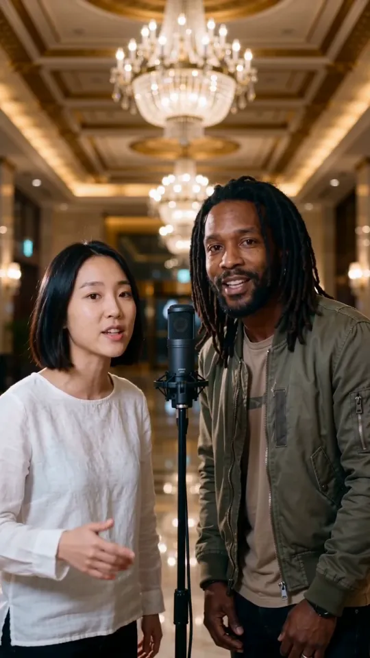 A young woman and a man with locs rapping at a microphone stand in a lobby with chandeliers