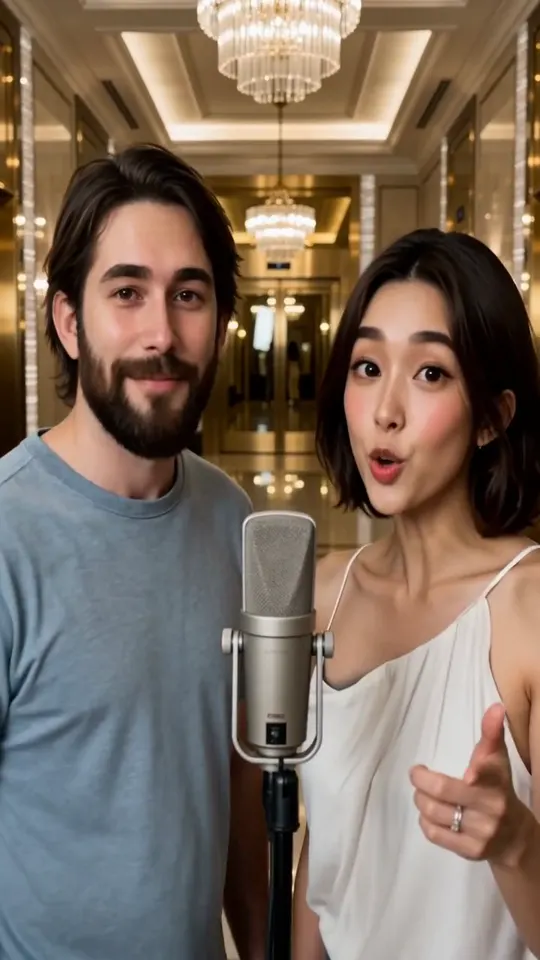 A woman rapping with an open mouth while her partner smiles, in a marble lobby