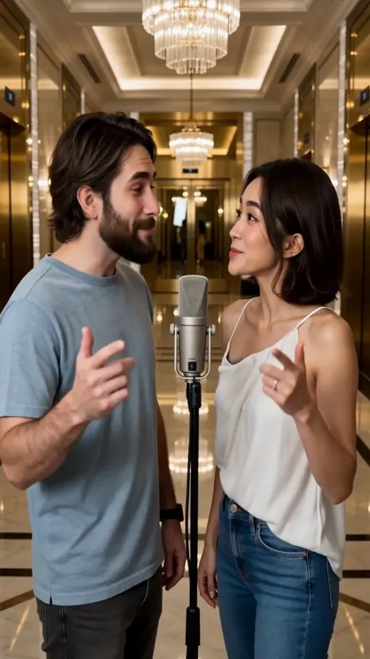 A man and a woman rapping at a microphone in a marble lobby with chandeliers
