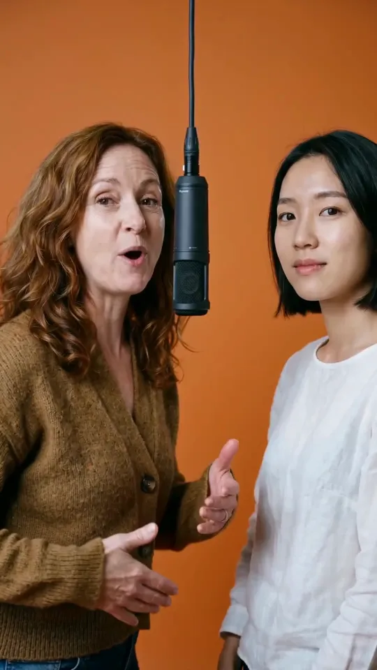 A middle-aged woman and a younger woman rapping under a hanging microphone in front of an orange backdrop