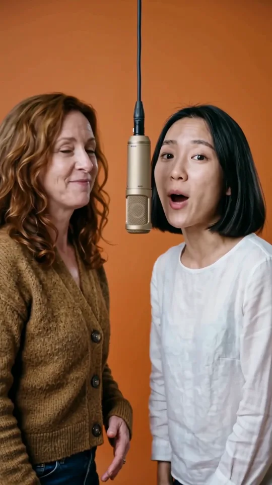 A middle-aged woman and a younger woman rapping under a hanging microphone in front of an orange backdrop