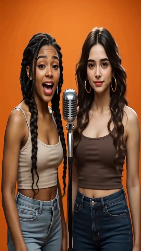 Two best friends rapping together in an orange booth