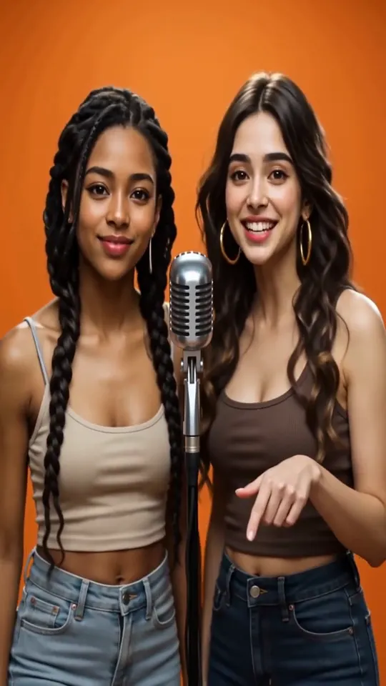 Two friends mid-verse at the microphone in an orange booth