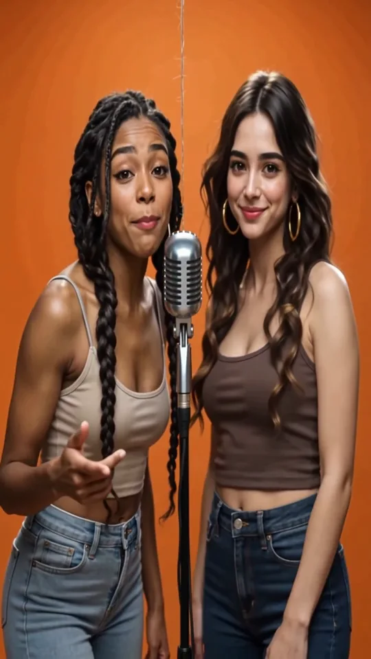 A finished Hotel Lobby AI video: two friends mid-verse in the Orange Booth