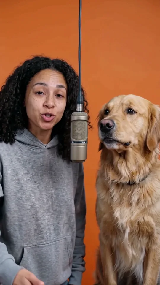 A woman and her golden retriever at a hanging microphone in an orange booth