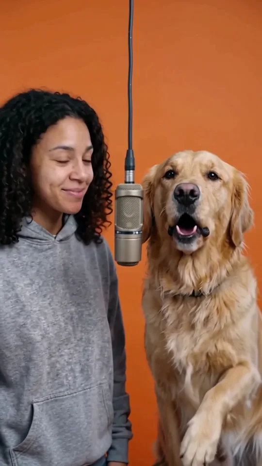 A young woman and a golden retriever side by side at a hanging microphone in front of an orange backdrop