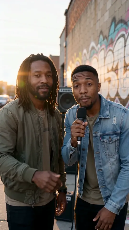 Two men rapping on a street corner with graffiti walls and a boombox at golden hour