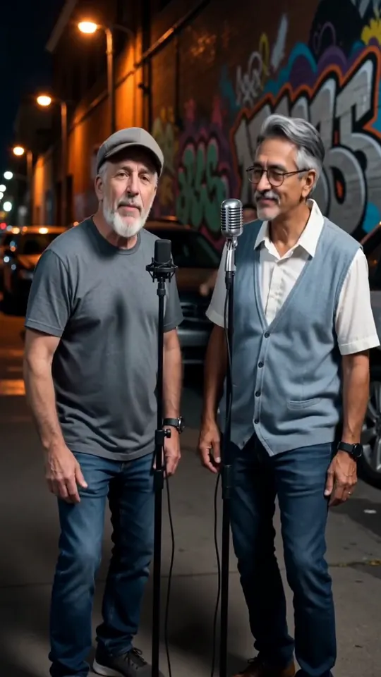 Two grandfathers rapping on a street corner at night