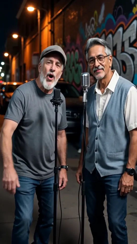 Two grandfathers from different photos performing together on a street corner