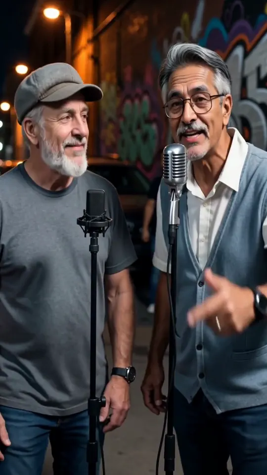 Two older men rapping at a microphone stand on a graffiti street corner at night