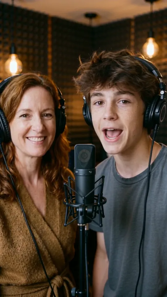 A mother and her teenage son wearing headphones and rapping at a studio microphone