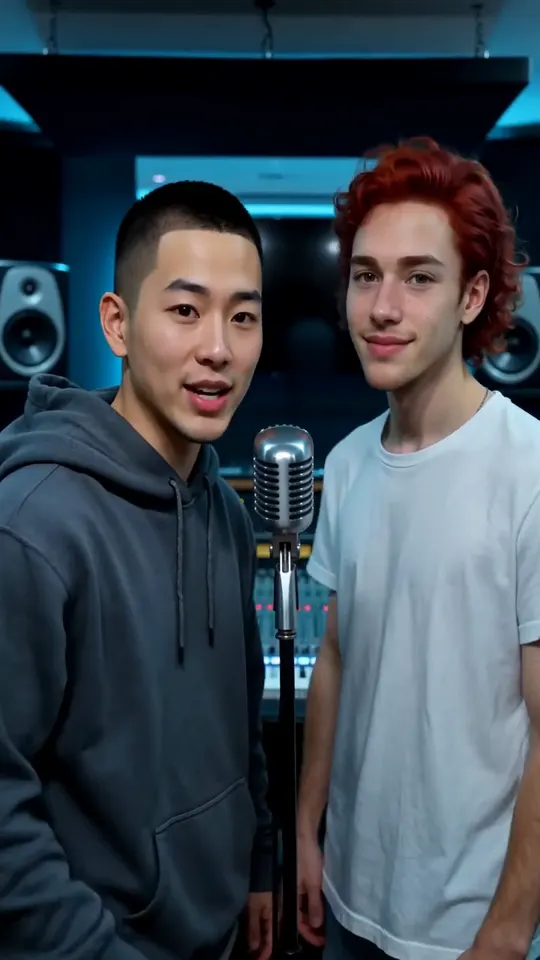 Two roommates rapping in a recording studio