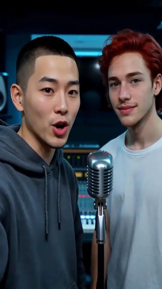Two roommates performing in a recording studio in a finished rap video