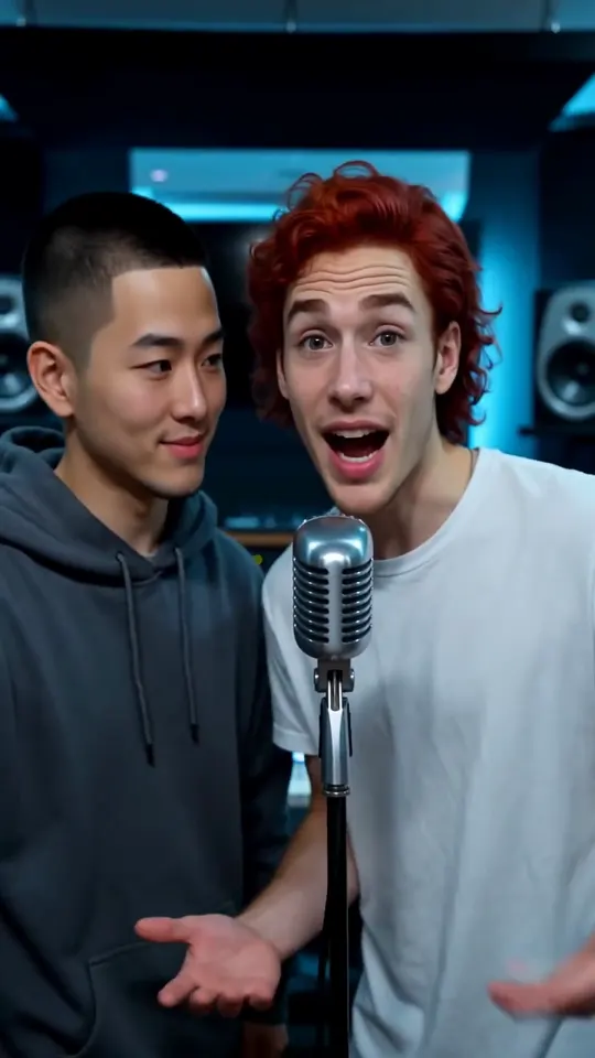 Studio Booth stage: two young men rapping in a recording studio