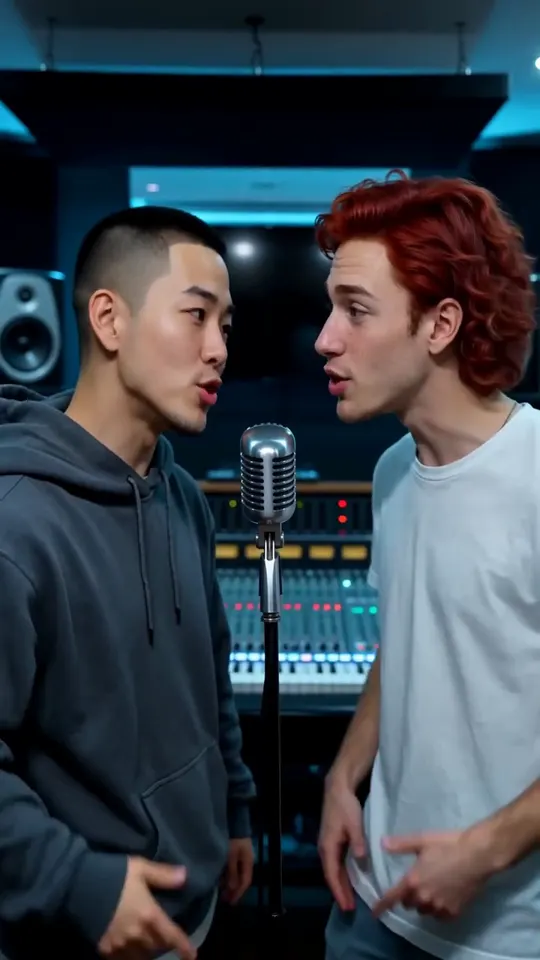 Two young men rapping at a microphone in a recording studio with blue lights