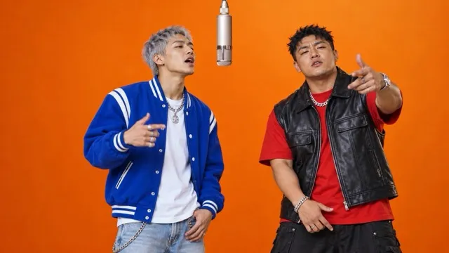 Two young men in bright jackets rapping in an orange booth