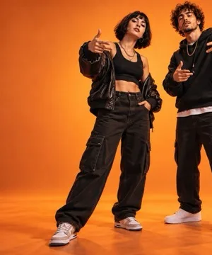 Two young performers posing in streetwear against an orange studio backdrop