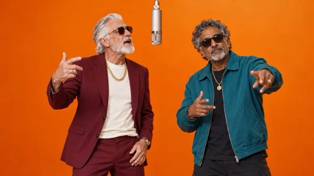 Two grandfathers in sunglasses rapping in an orange booth