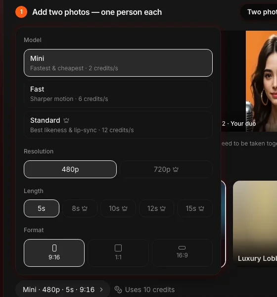 Video settings panel with model, resolution, length and format options